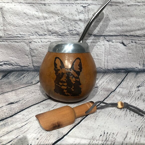 Yerba Mate Gourd Straw Stainless Cup KIT ARTISAN HANDMADE Dog - Picture 3 of 4